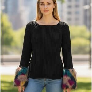 Say What? Sweater Black SZ Med Faux Colorful Fur at Cuffs Grunge Y2K Whimsygoth